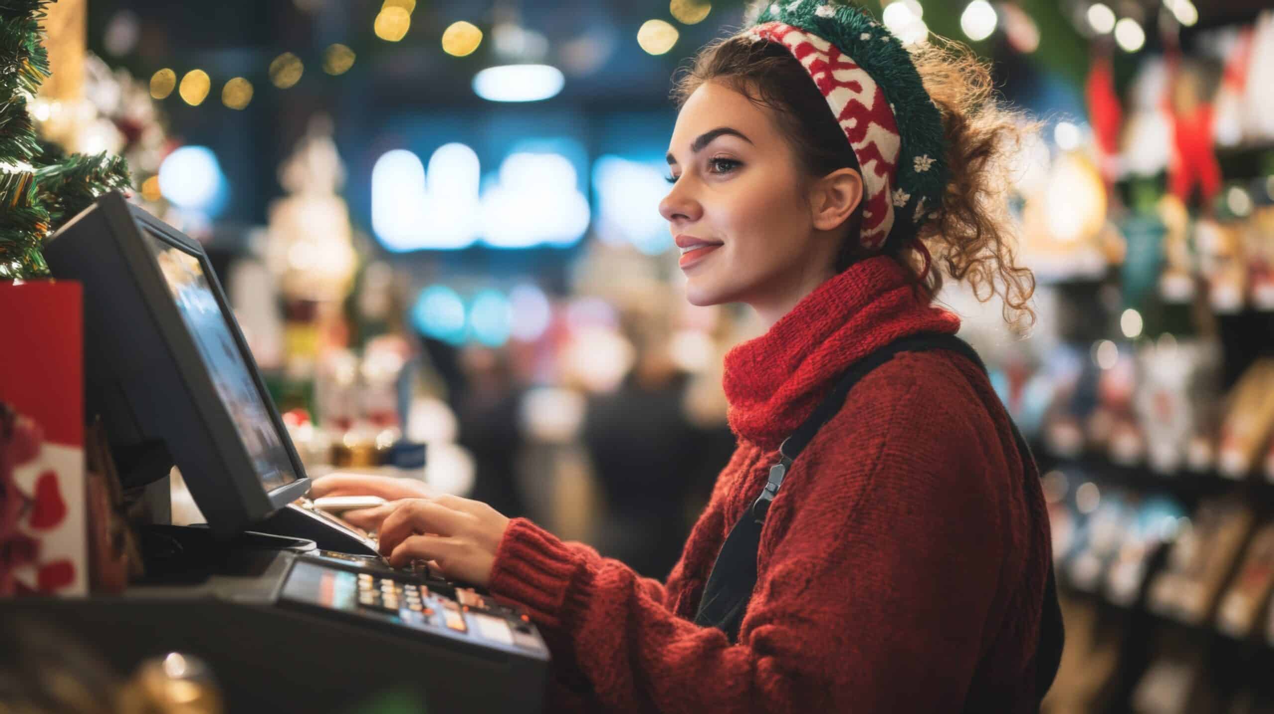 Woman at register in store with Christmas Holiday Decorations. She is wearing a red sweater and hair band.